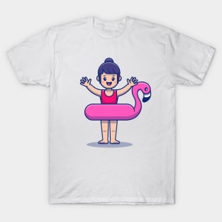 Cute Girl Wearing Flamingo Balloon T-Shirt